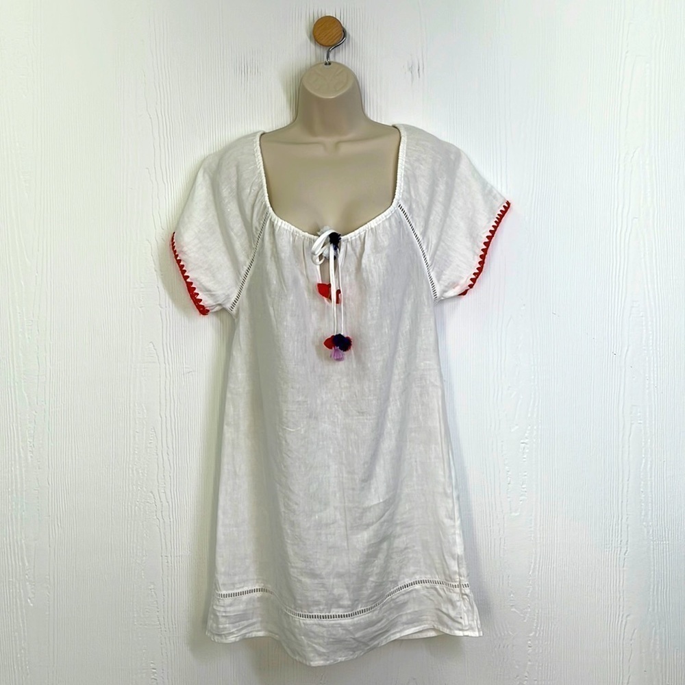 J Crew - Embroidered Linen / Cotton Pom Pom White / Blue / Red Cover Up SZ XS